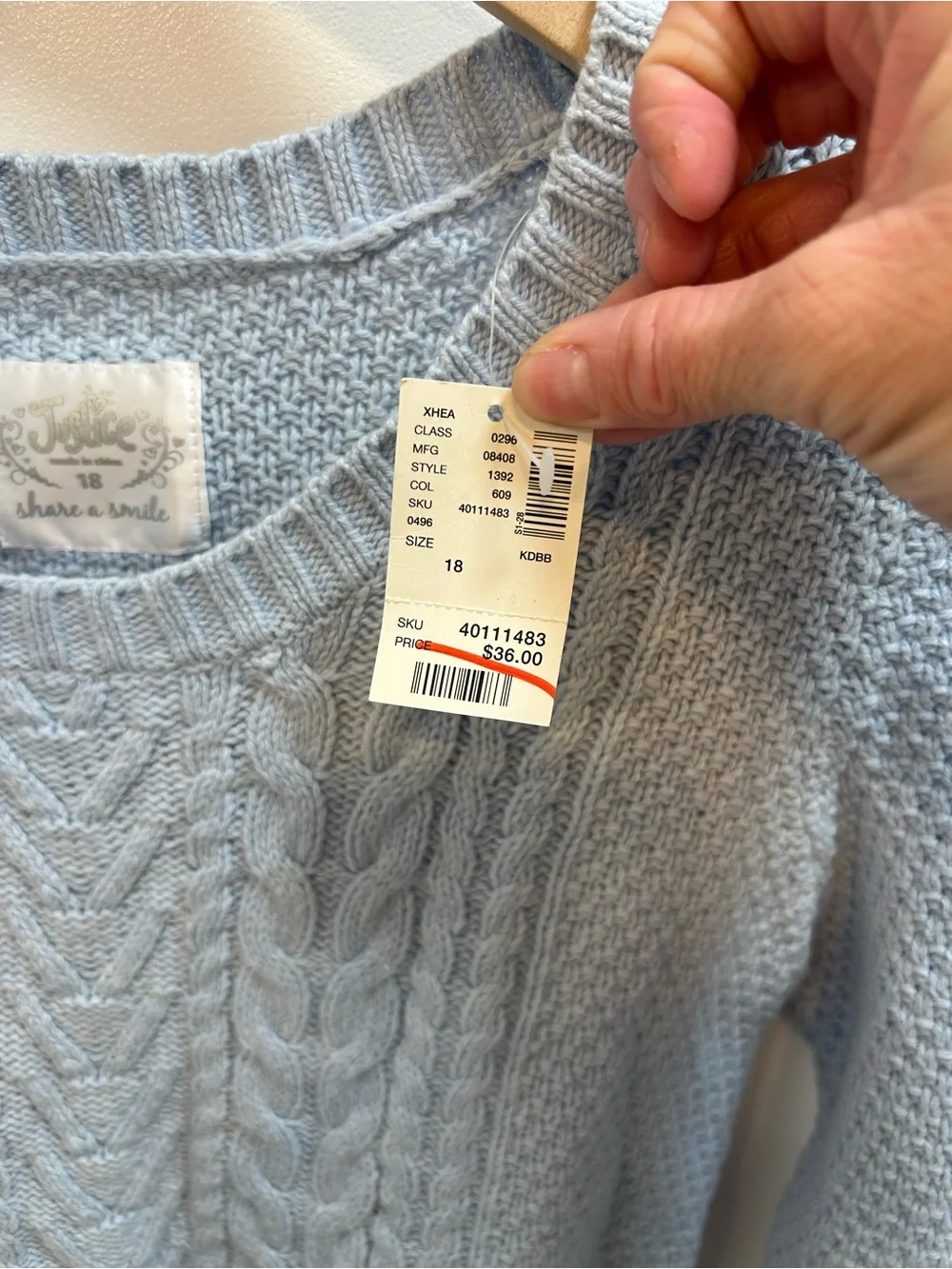 Justice Light Blue Cable Knit Crewneck Sweater